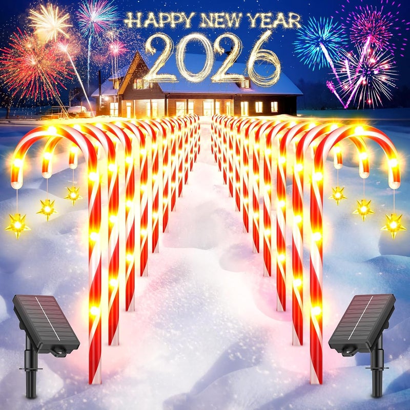 BUCASA 24 Pack Christmas Decorations Outdoor Solar Candy Cane Lights, Solar Christmas Pathway Lights with USB Charge, 10 Modes 144 LEDs Waterproof Outdoor Christmas Decorations for Yard Garden Pathway - Image 1